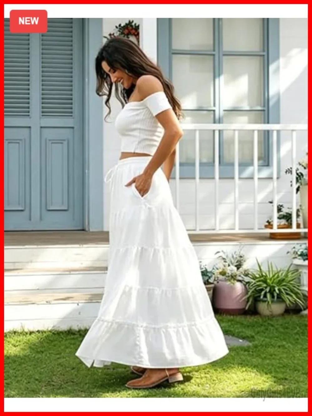 Women Boho Tiered Maxi Skirt High Slit Flowy A-Line Pockets